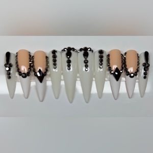 Off white French with rhinestones press on nails